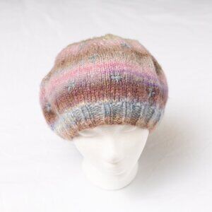 Merino Wool Hand Knit Slouchy Beret with Crochet Mohair Stars